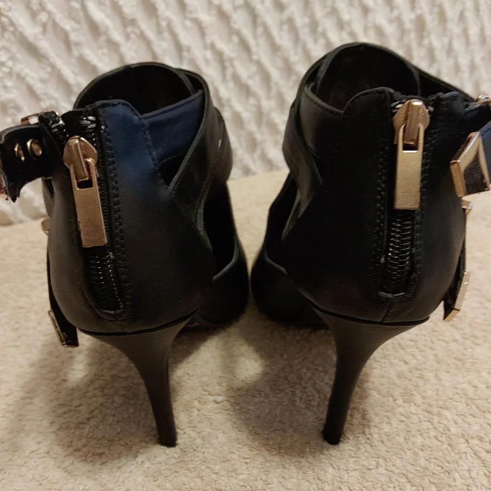 Gold Studded Double Ankle Strap Bootie Heels, Back Zip - Picture 4 of 8